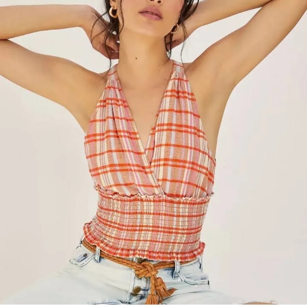 Pilcro plaid halter tie top